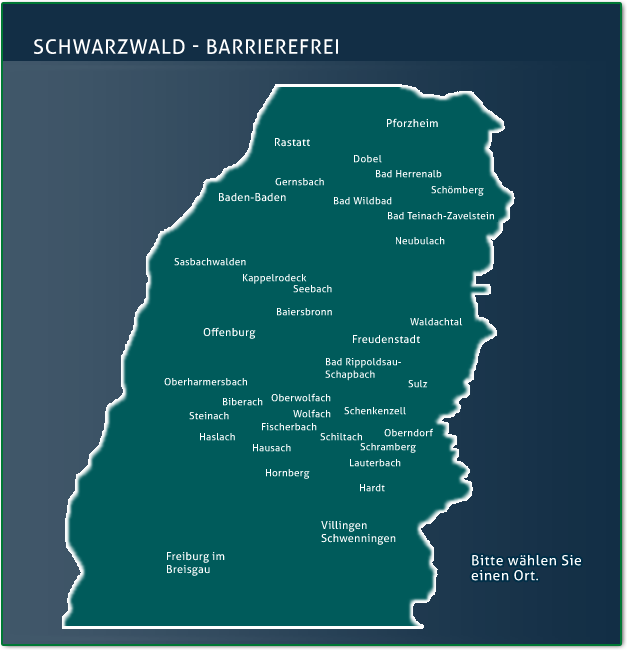 Vergrößerte Kartenansicht der teilnehmenden Orte am Projekt 'Schwarzwald barrierefrei erleben'